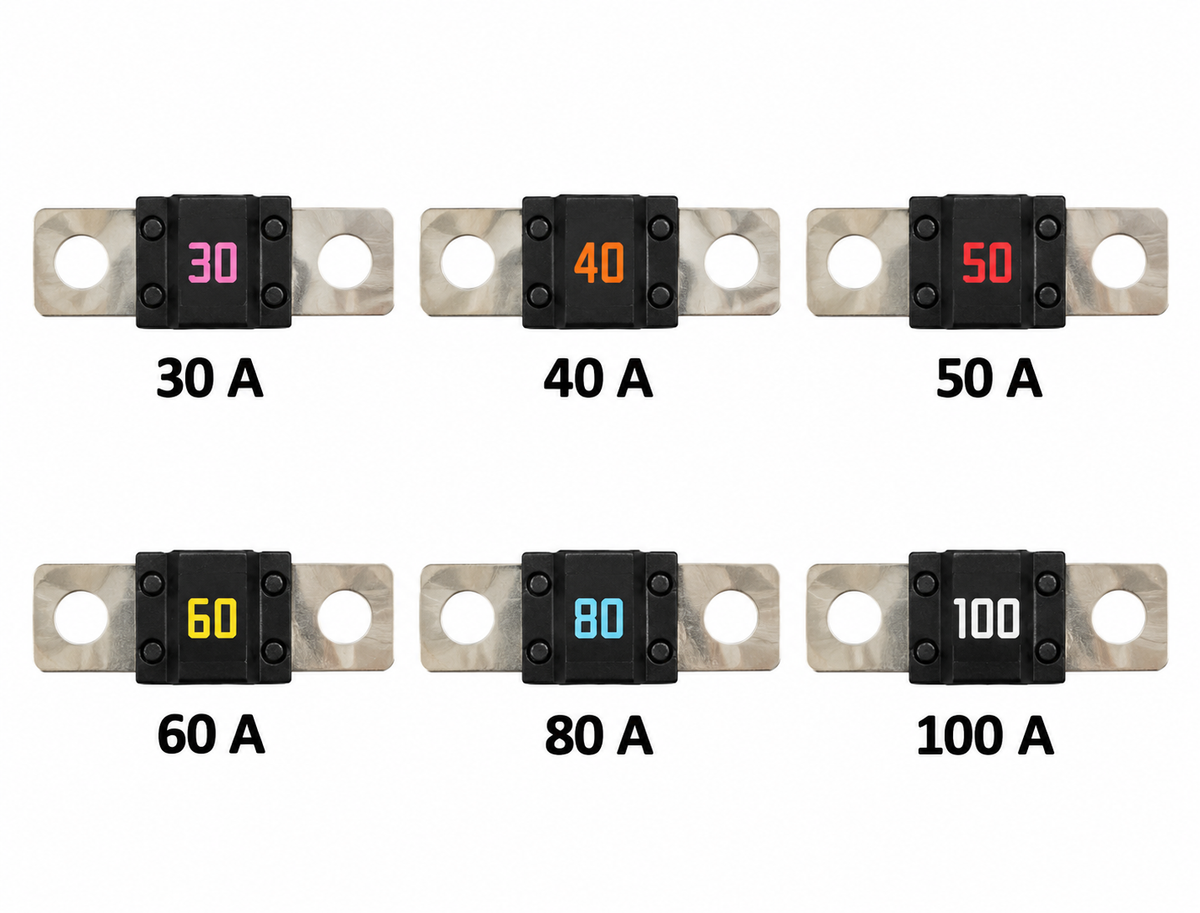 Seks MIDI skrusikringer med svart hus og farget merking: 30, 40, 50, 60, 80 og 100 A.
