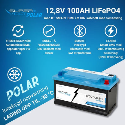 Supervolt Polar LiFePO₄ 12,8 V 100 Ah litiumbatteri – Smart BMS, Bluetooth og oppvarming ned til −30 °C