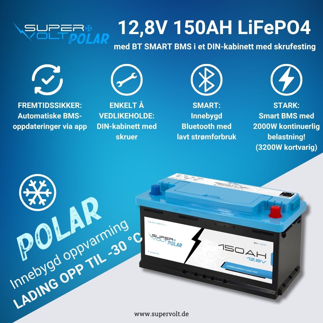 Supervolt Polar LiFePO₄ 12,8V 150Ah litiumbatteri – Smart BMS, Bluetooth og oppvarming ned til −30 °C