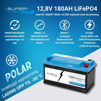 Supervolt Polar LiFePO₄ 12,8V 180Ah litiumbatteri – Smart BMS, Bluetooth og oppvarming ned til −30 °C