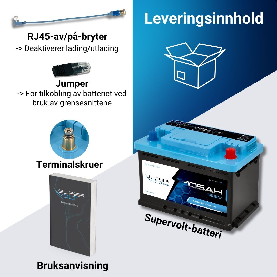 Supervolt Pro LiFePO₄ 12,8 V 105 Ah litiumbatteri – Smart BMS, Bluetooth, grensesnitt og oppvarming ned til −30 °C