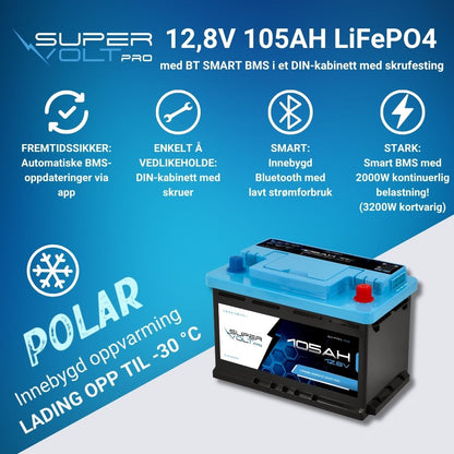 Supervolt Pro LiFePO₄ 12,8 V 105 Ah litiumbatteri – Smart BMS, Bluetooth, grensesnitt og oppvarming ned til −30 °C