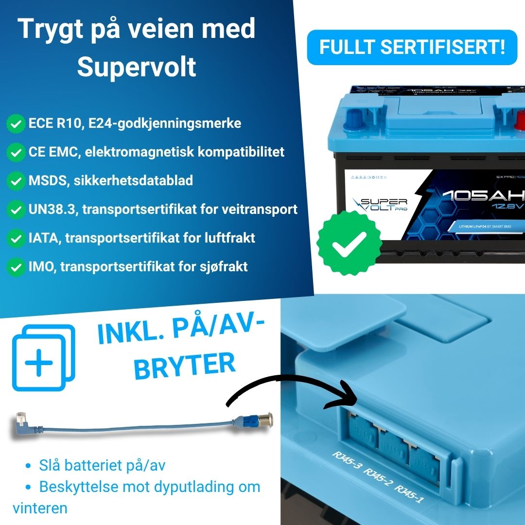 Supervolt Pro LiFePO₄ 12,8 V 105 Ah litiumbatteri – Smart BMS, Bluetooth, grensesnitt og oppvarming ned til −30 °C