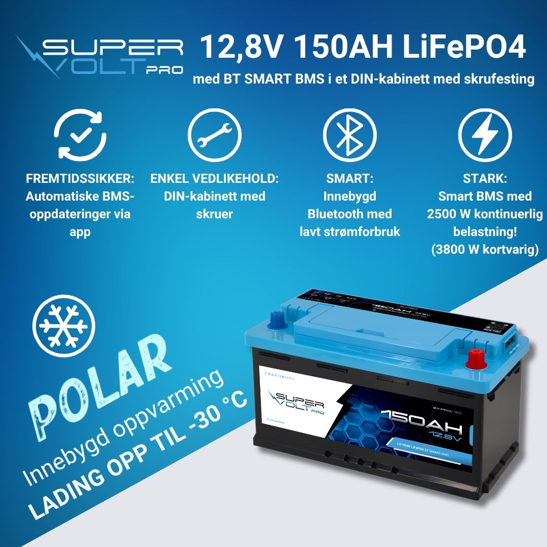 Supervolt Pro LiFePO₄ 12,8V 150Ah litiumbatteri – Smart BMS, Bluetooth, grensesnitt og oppvarming ned til −30 °C