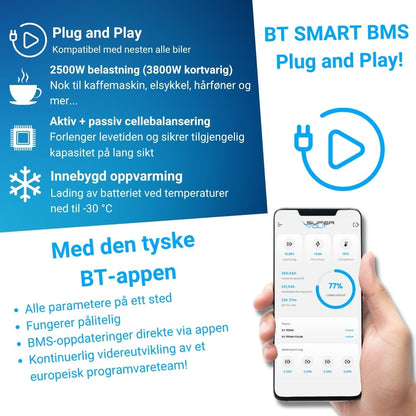 Supervolt Pro LiFePO₄ 12,8V 180Ah litiumbatteri – Smart BMS, Bluetooth, grensesnitt og oppvarming ned til −30 °C