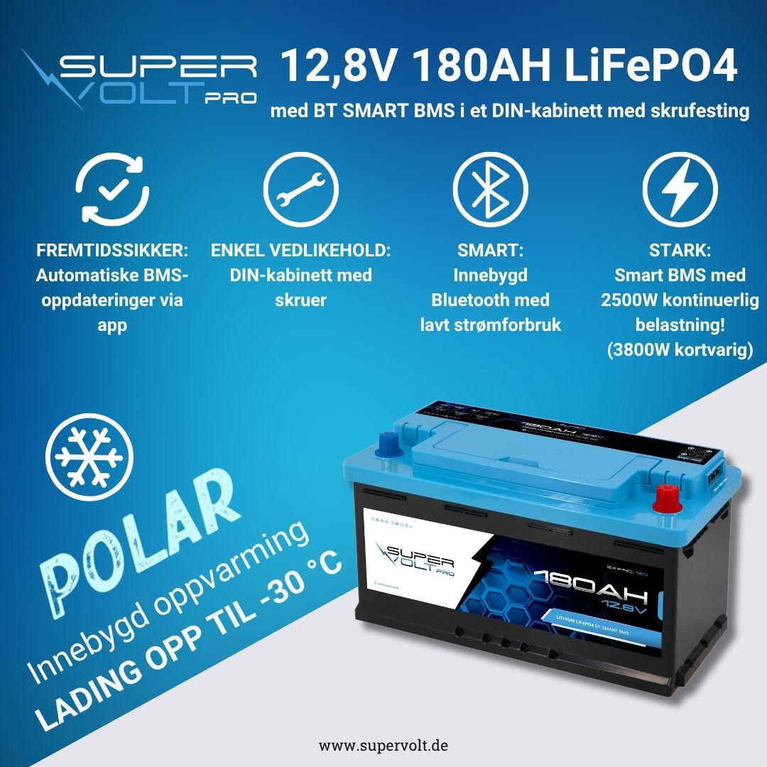 Supervolt Pro LiFePO₄ 12,8V 180Ah litiumbatteri – Smart BMS, Bluetooth, grensesnitt og oppvarming ned til −30 °C