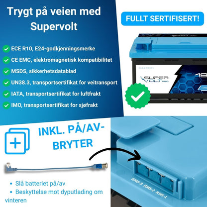 Supervolt Pro LiFePO₄ 12,8V 180Ah litiumbatteri – Smart BMS, Bluetooth, grensesnitt og oppvarming ned til −30 °C