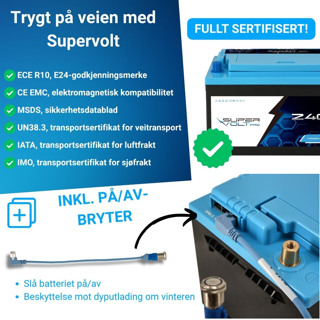 Supervolt Pro LiFePO₄ 12,8V 240Ah litiumbatteri – Smart BMS, Bluetooth, grensesnitt og oppvarming ned til −30 °C