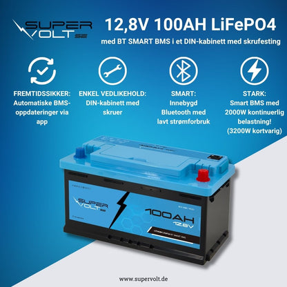 Supervolt SE LiFePO₄ 12,8 V 100 Ah litiumbatteri – Smart BMS og Bluetooth