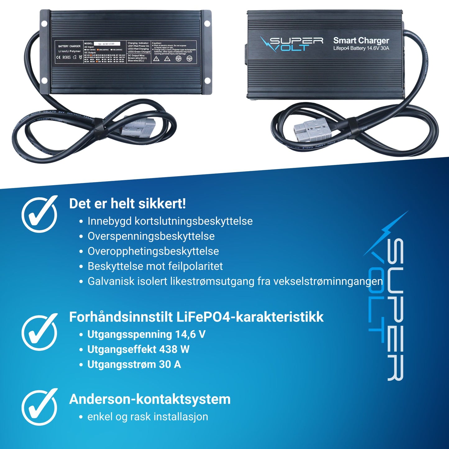 LiFePO4-lader – 30 A AC/DC 12 V-lader