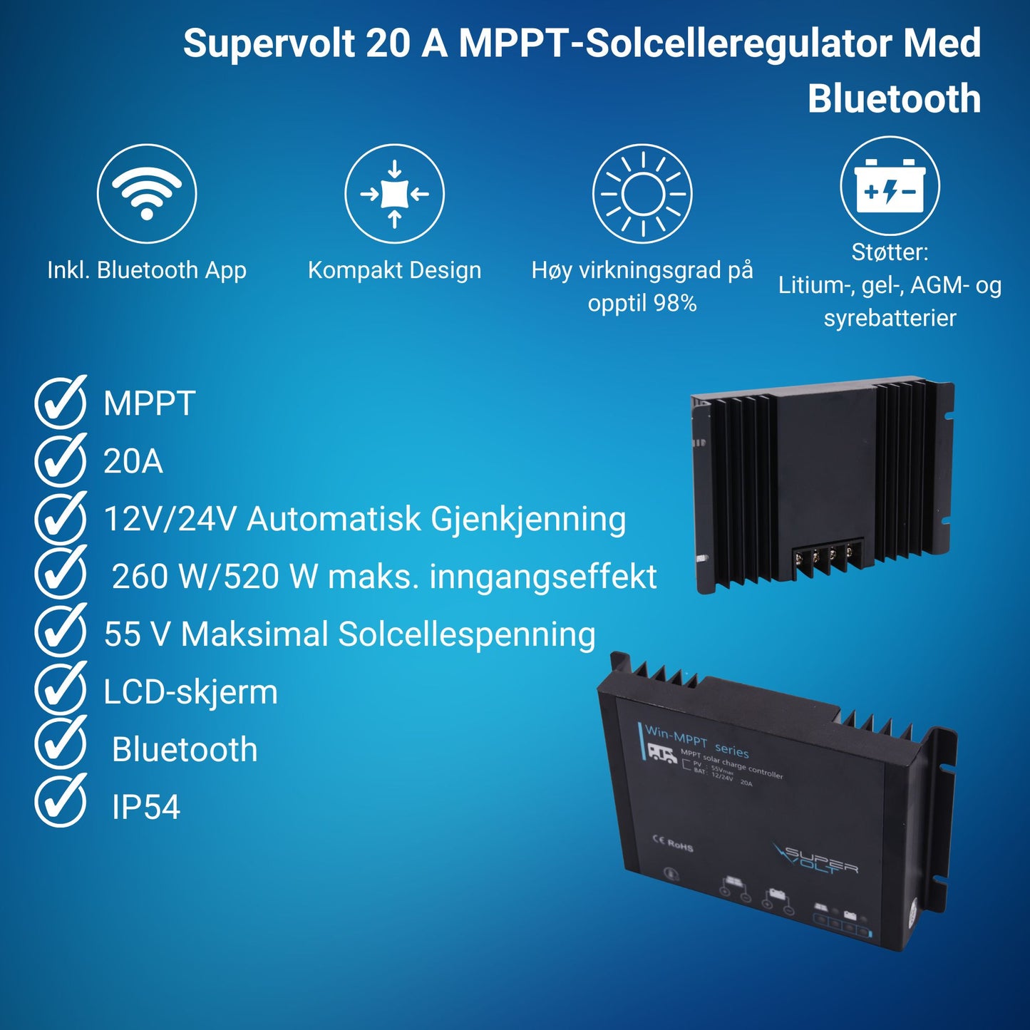 MPPT-solcelleregulator 20A 12/24V LiFePO4 Bluetooth