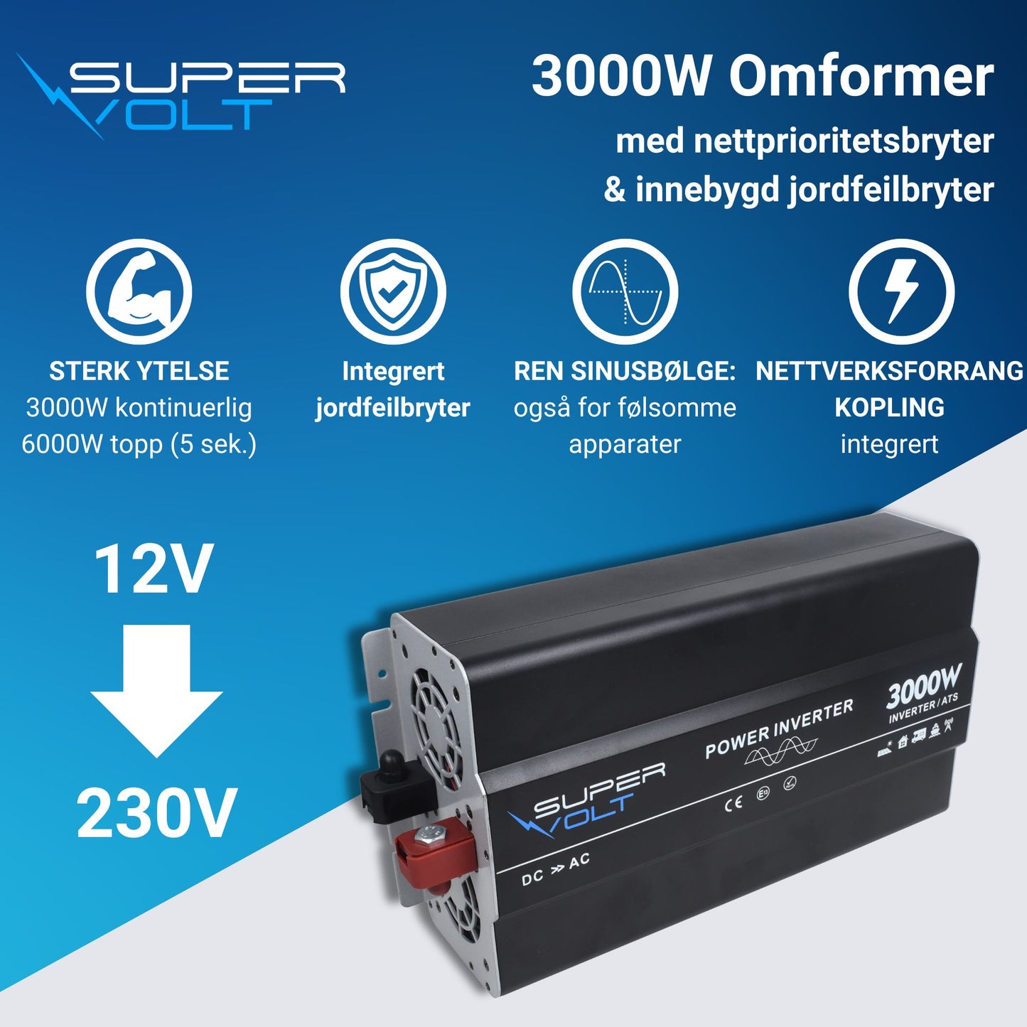 Supervolt 12V 3000W omformer med nettprioritetsfunksjon og jordfeilbryter
