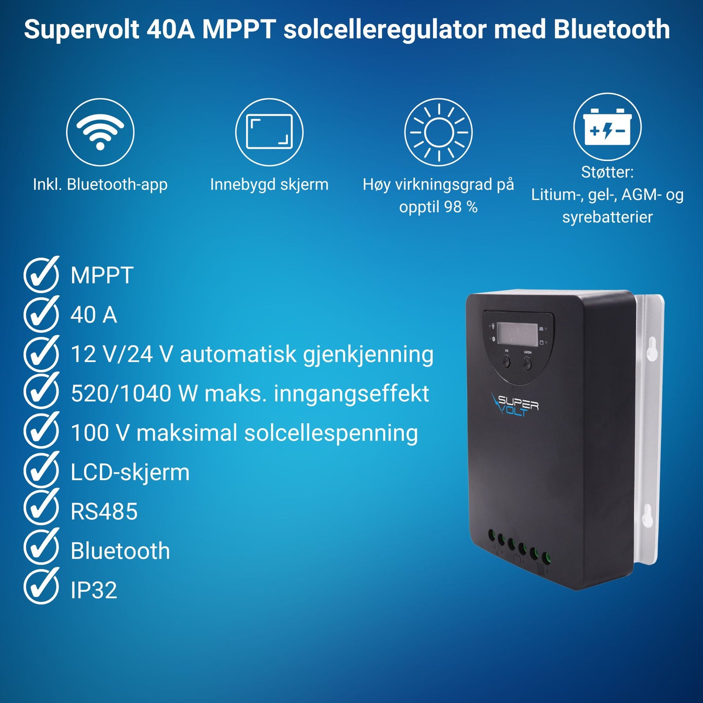 MPPT-solcelleregulator 40A 12/24V LiFePO4 Bluetooth