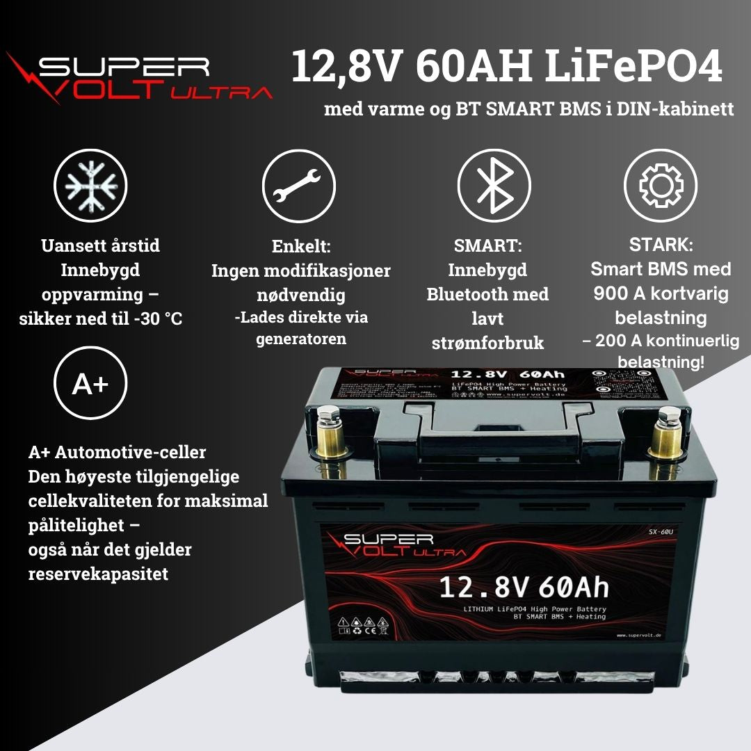 Supervolt Ultra – 12,8V 60Ah høyeffekts LiFePO4-batteri med Bluetooth, varme og integrert balanseringsfunksjon