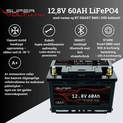 Supervolt Ultra – 12,8V 60Ah høyeffekts LiFePO4-batteri med Bluetooth, varme og integrert balanseringsfunksjon