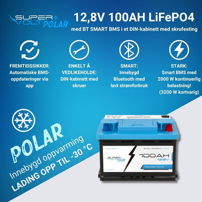 Supervolt Polar Compact LiFePO₄ 12,8V 100Ah litiumbatteri – Smart BMS, Bluetooth og oppvarming ned til −30 °C