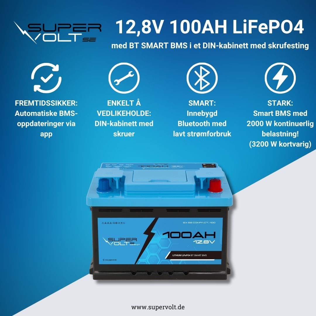 Supervolt SE Compact LiFePO₄ 12,8V 100Ah litiumbatteri – Smart BMS og Bluetooth