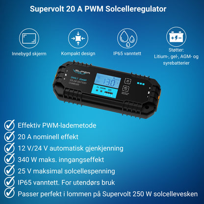 PWM-solcelleregulator 20A 12V LiFePO4