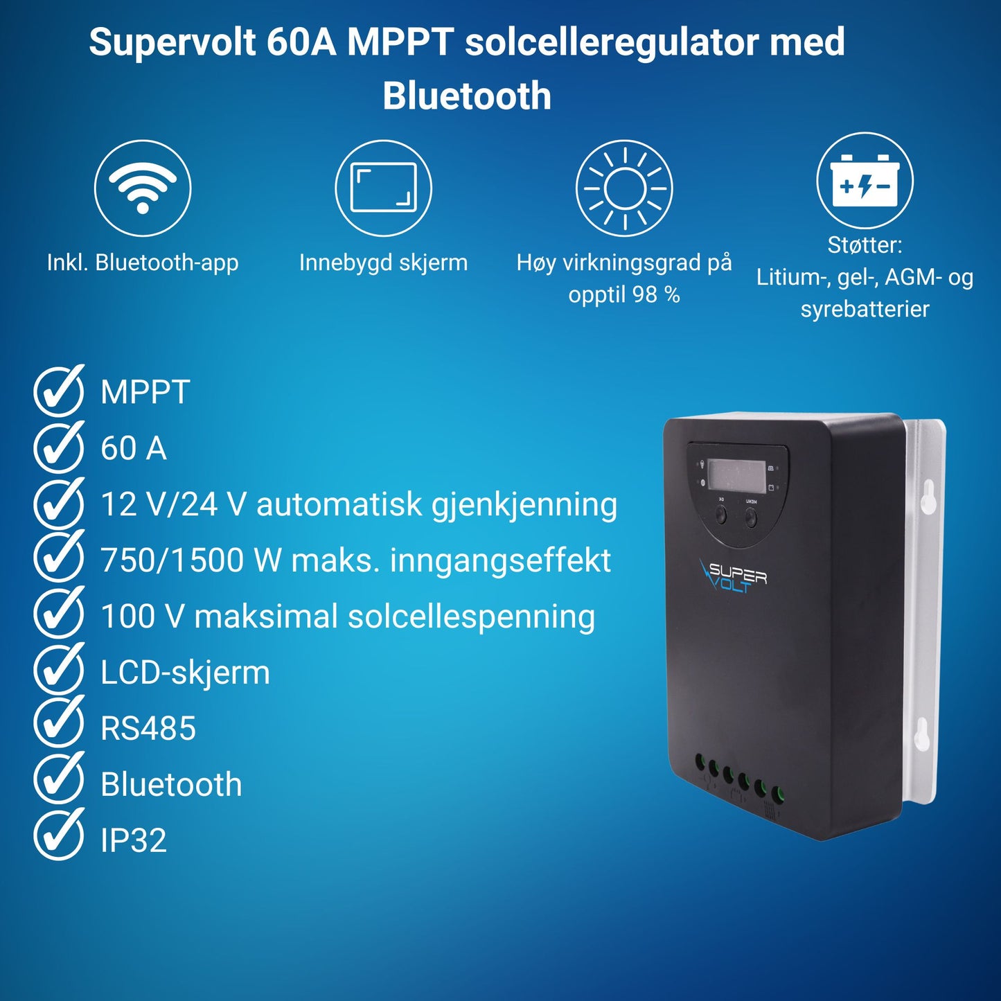 MPPT-solcelleregulator 60A 12/24V LiFePO4 Bluetooth