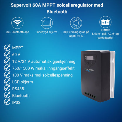 MPPT-solcelleregulator 60A 12/24V LiFePO4 Bluetooth