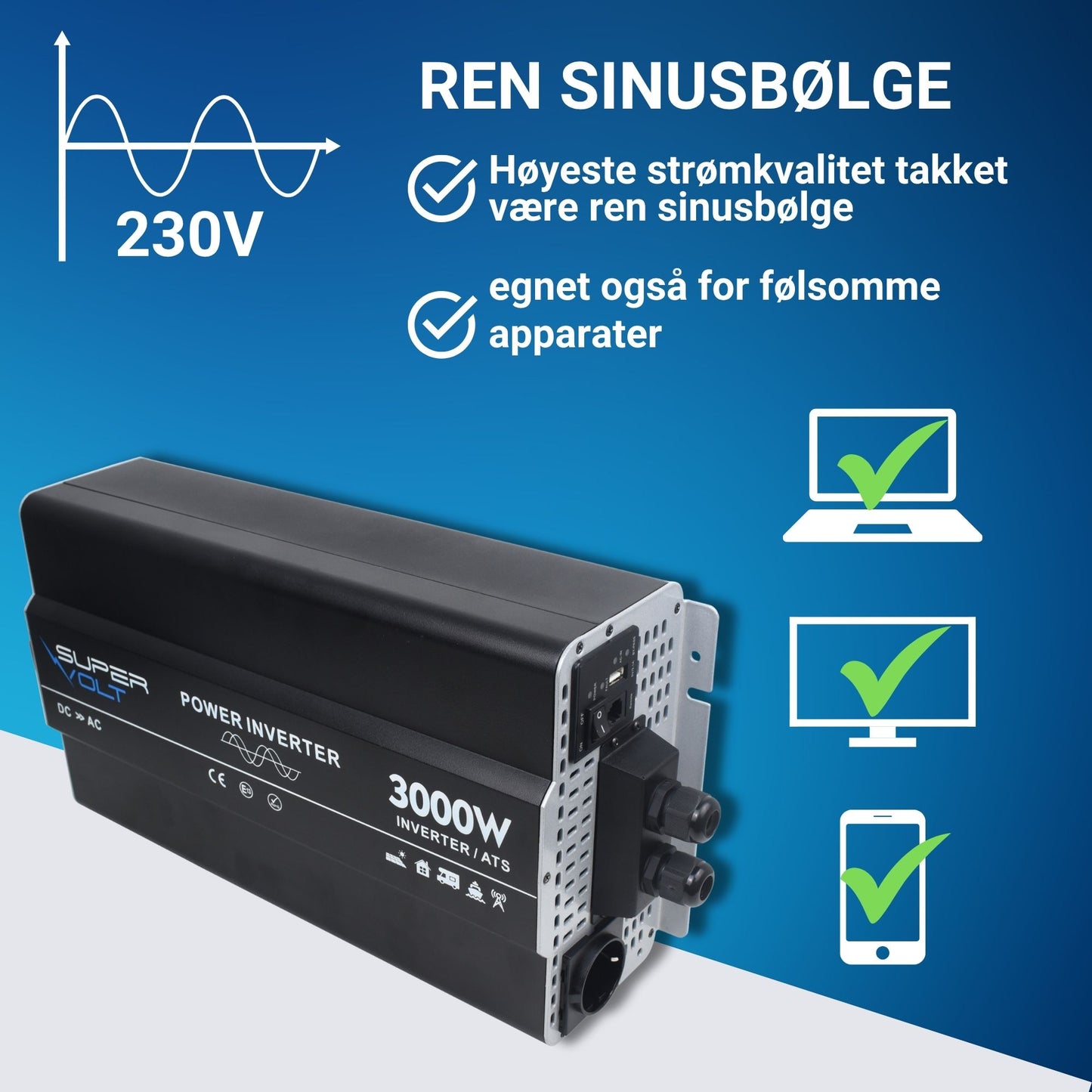 Supervolt 12V 3000W omformer med nettprioritetsfunksjon og jordfeilbryter