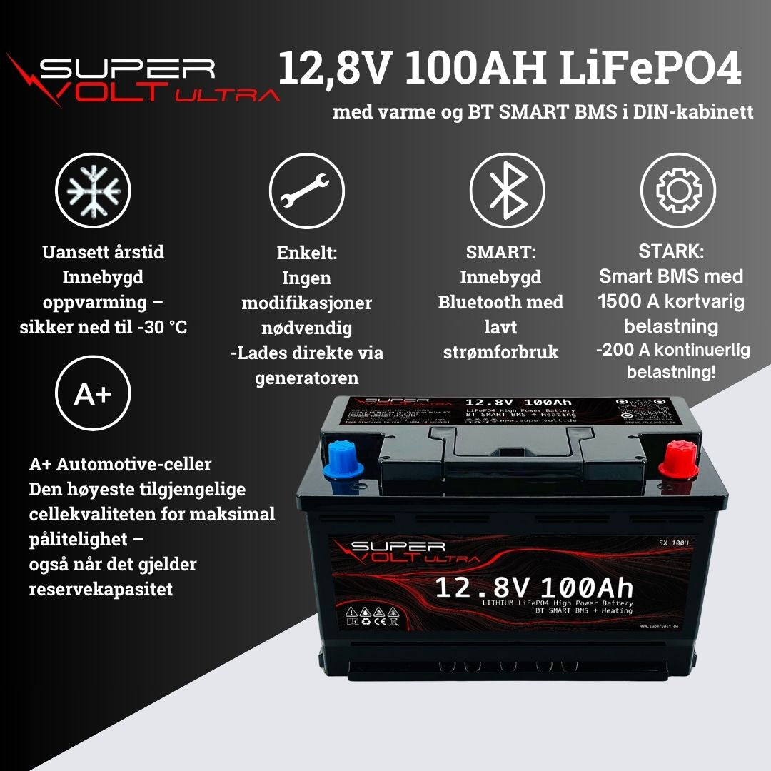 Supervolt Ultra – 12,8V 100Ah LiFePO4-batteri med høy ytelse, Bluetooth, varmefunksjon og integrert balanseringsfunksjon