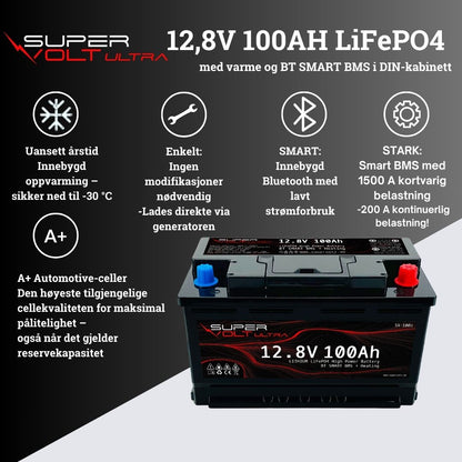Supervolt Ultra – 12,8V 100Ah LiFePO4-batteri med høy ytelse, Bluetooth, varmefunksjon og integrert balanseringsfunksjon