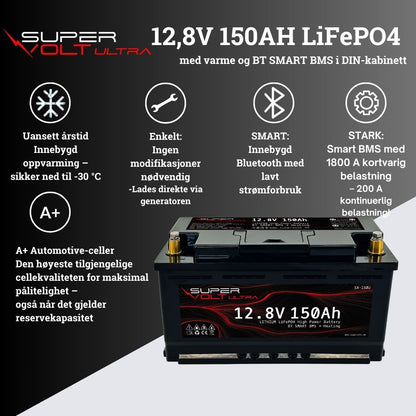 Supervolt Ultra – 12,8V 150Ah høyeffekts LiFePO4-batteri med Bluetooth, varme og integrert balanseringsfunksjon