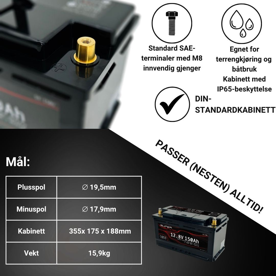 Supervolt Ultra – 12,8V 150Ah høyeffekts LiFePO4-batteri med Bluetooth, varme og integrert balanseringsfunksjon