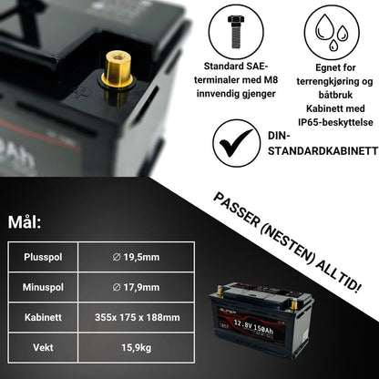 Supervolt Ultra – 12,8V 150Ah høyeffekts LiFePO4-batteri med Bluetooth, varme og integrert balanseringsfunksjon