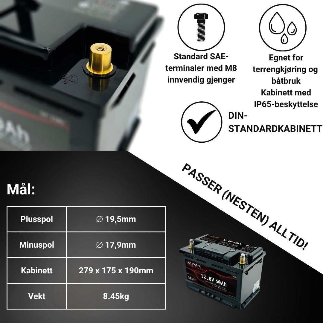 Supervolt Ultra – 12,8V 60Ah høyeffekts LiFePO4-batteri med Bluetooth, varme og integrert balanseringsfunksjon