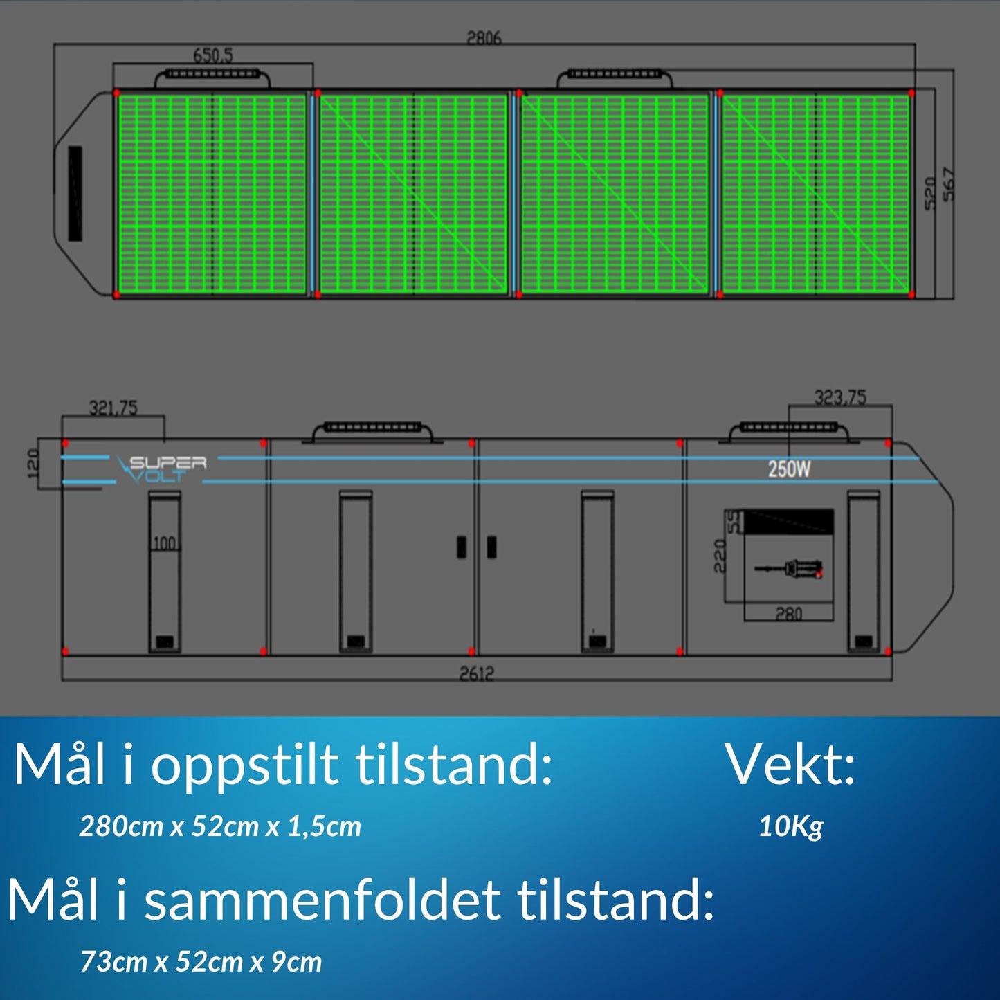 Supervolt SV-SUN250 sammenleggbar solcelleveske 250W monokrystallinsk