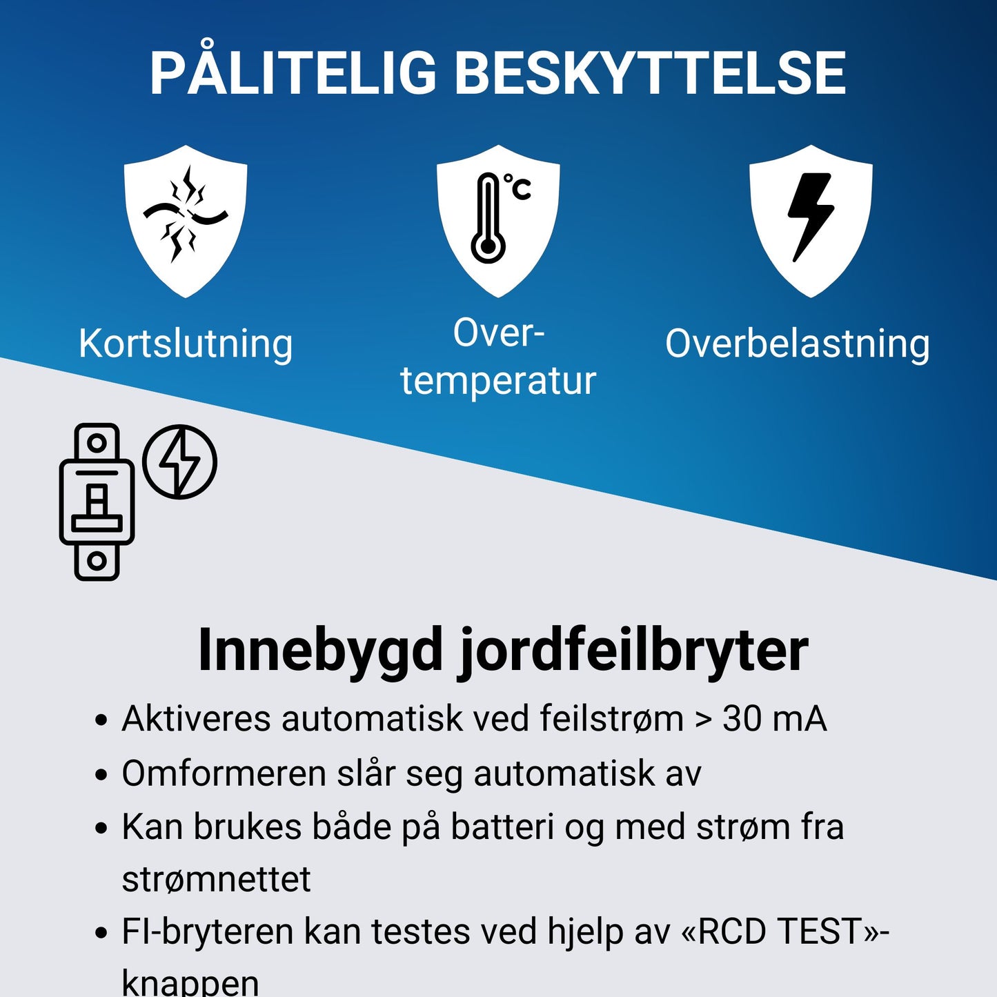 Supervolt 12V 3000W omformer med nettprioritetsfunksjon og jordfeilbryter