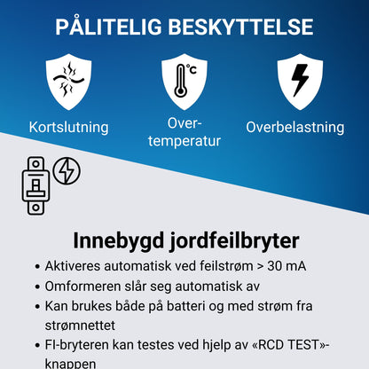 Supervolt 12V 3000W omformer med nettprioritetsfunksjon og jordfeilbryter