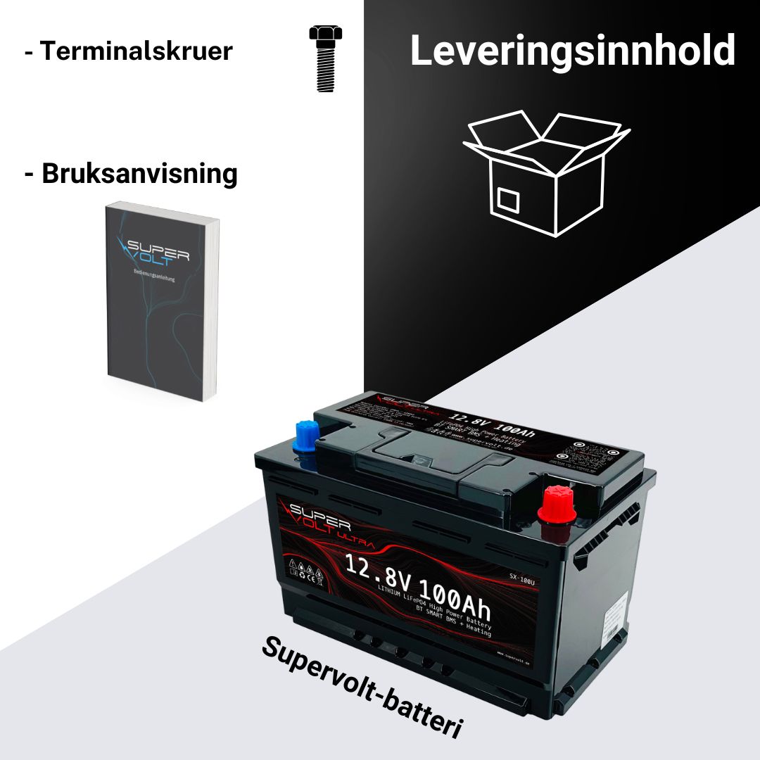 Supervolt Ultra – 12,8V 100Ah LiFePO4-batteri med høy ytelse, Bluetooth, varmefunksjon og integrert balanseringsfunksjon