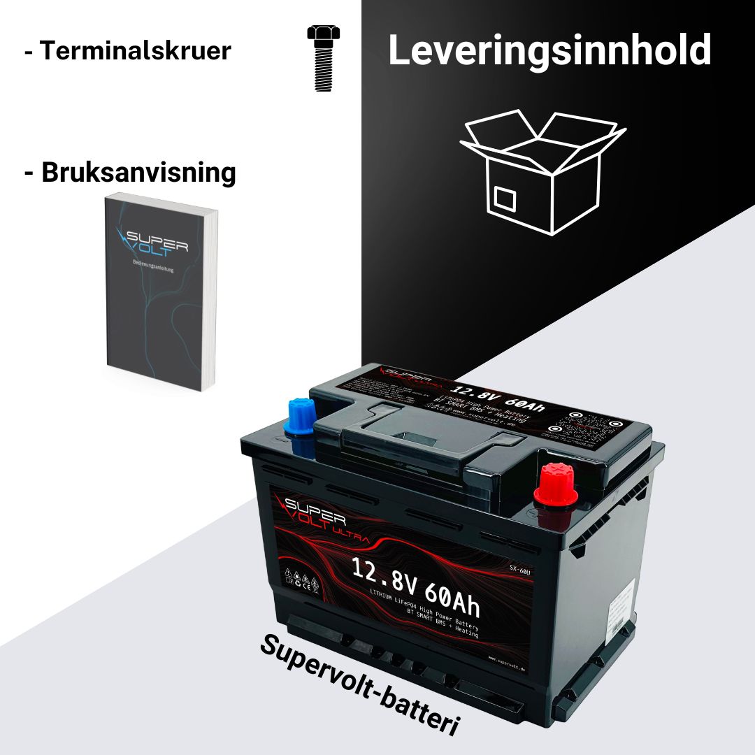Supervolt Ultra – 12,8V 60Ah høyeffekts LiFePO4-batteri med Bluetooth, varme og integrert balanseringsfunksjon