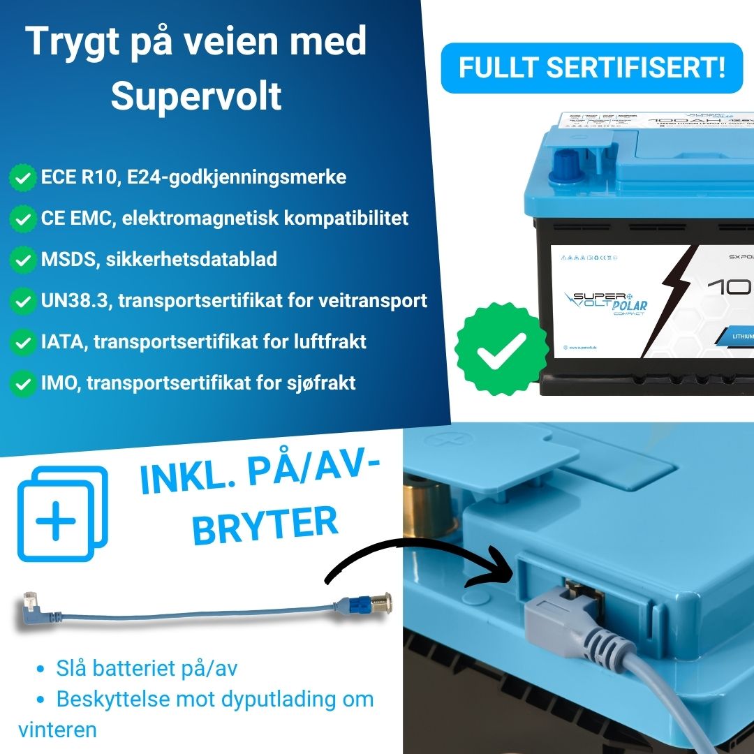 Supervolt Polar Compact LiFePO₄ 12,8V 100Ah litiumbatteri – Smart BMS, Bluetooth og oppvarming ned til −30 °C