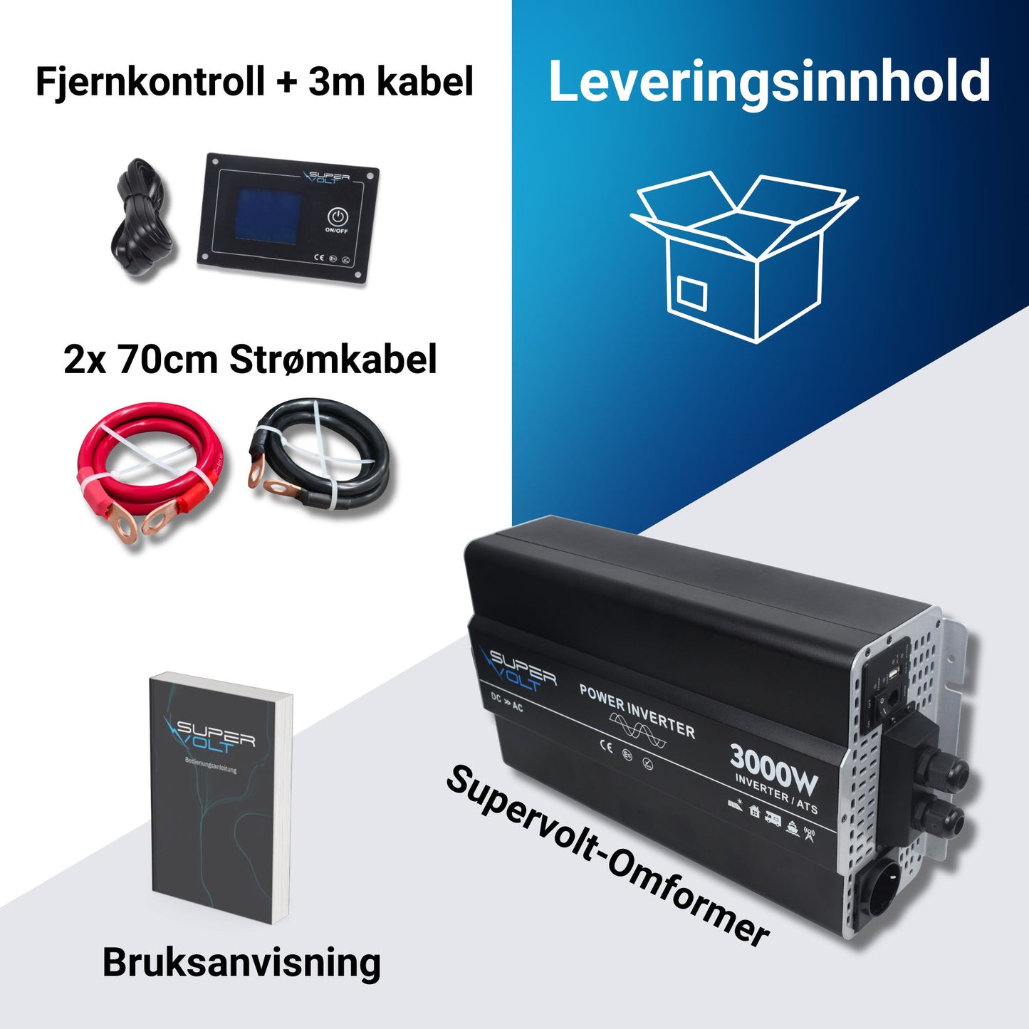 Supervolt 12V 3000W omformer med nettprioritetsfunksjon og jordfeilbryter
