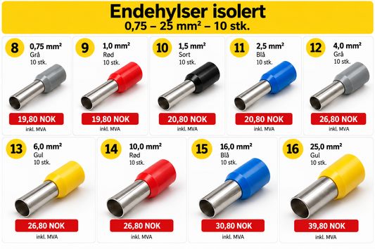 Isolerte endehylser fra 0,75 til 25 mm² med fargekoding, nummerert 8–16, pakker med 10 stk.