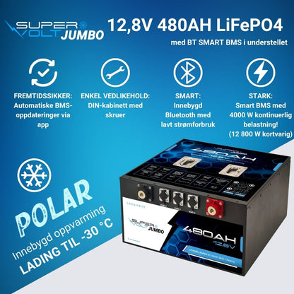 Supervolt Jumbo 480 Ah LiFePO4 12,8 V litiumbatteri med varme og Bluetooth