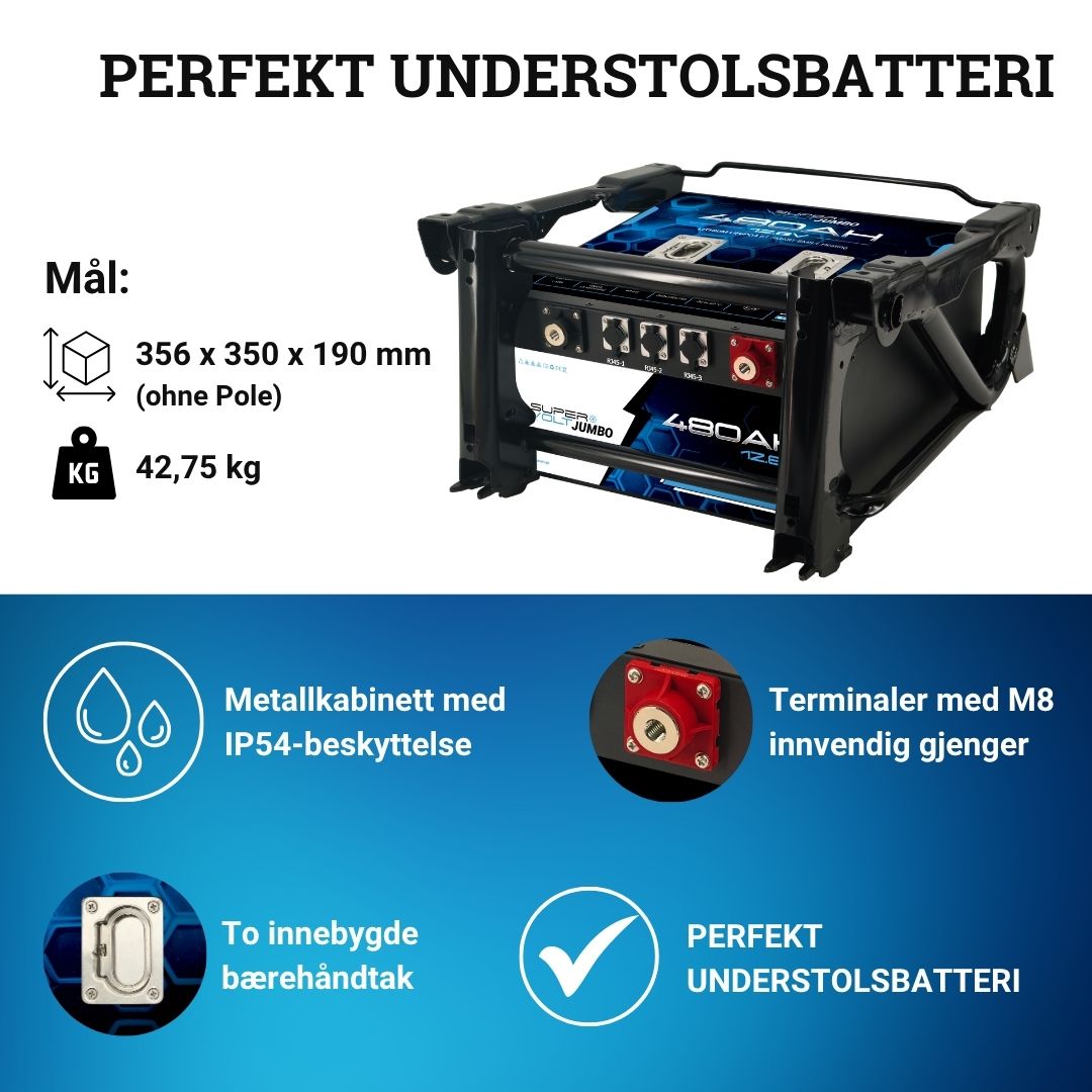 Supervolt Jumbo 480 Ah LiFePO4 12,8 V litiumbatteri med varme og Bluetooth