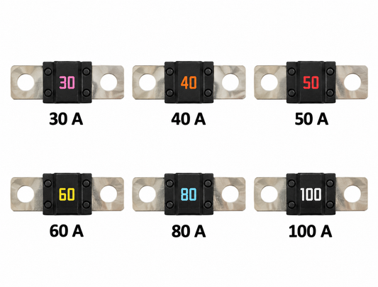 Seks MIDI skrusikringer med svart hus og farget merking: 30, 40, 50, 60, 80 og 100 A.