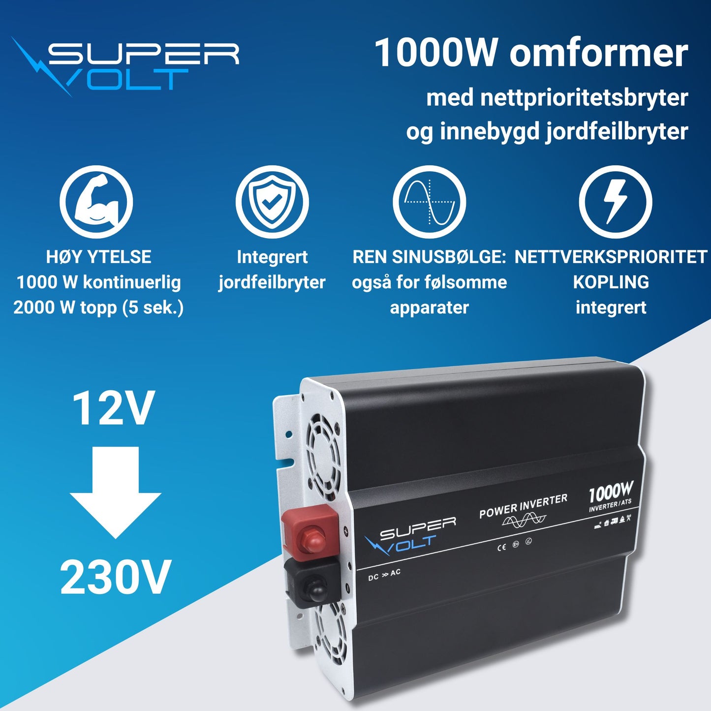 Supervolt 12V 1000W omformer med nettprioritetsfunksjon og jordfeilbryter