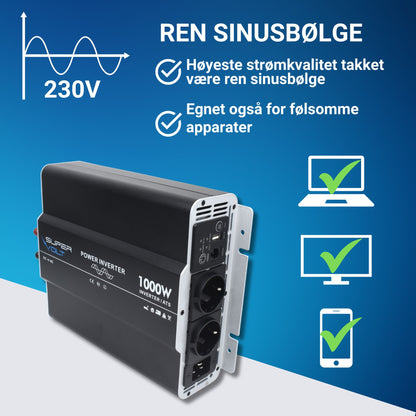 Supervolt 12V 1000W omformer med nettprioritetsfunksjon og jordfeilbryter