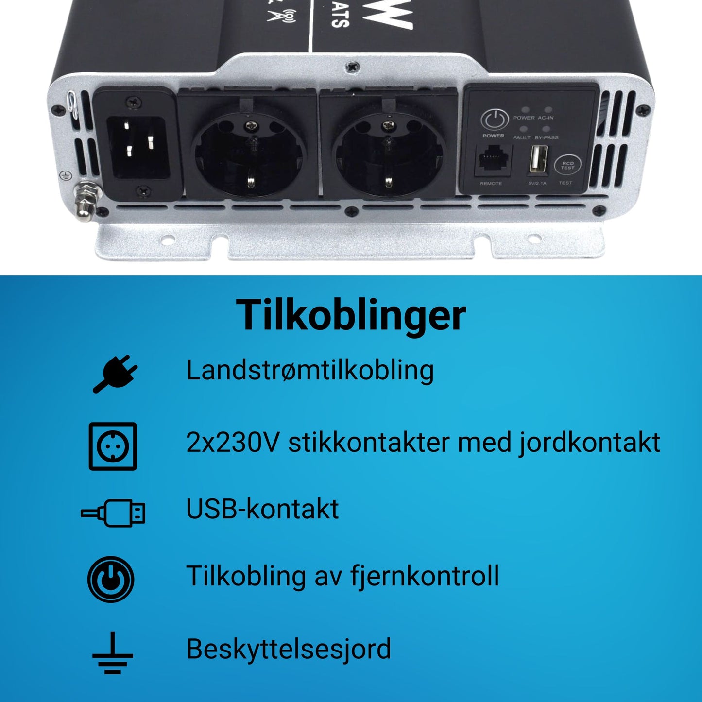 Supervolt 12V 1000W omformer med nettprioritetsfunksjon og jordfeilbryter