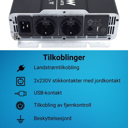 Supervolt 12V 1000W omformer med nettprioritetsfunksjon og jordfeilbryter