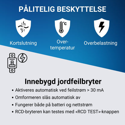 Supervolt 12V 1000W omformer med nettprioritetsfunksjon og jordfeilbryter