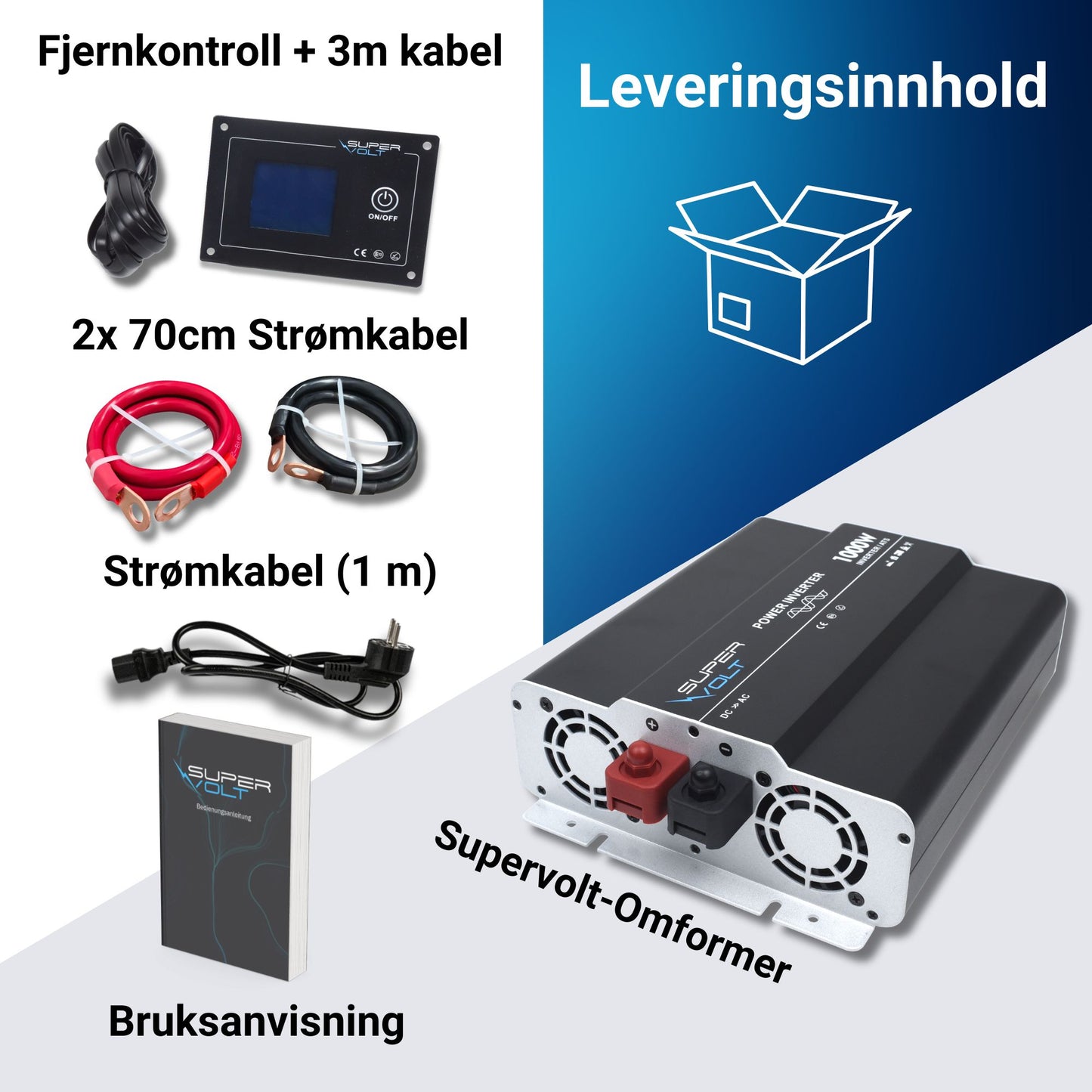 Supervolt 12V 1000W omformer med nettprioritetsfunksjon og jordfeilbryter