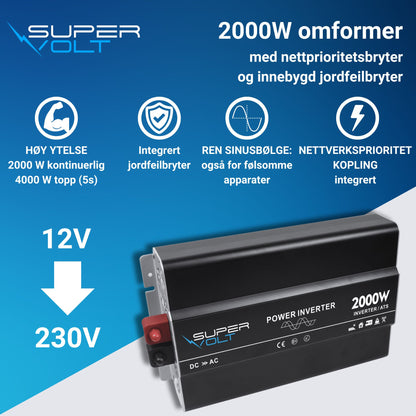 Supervolt 12V 2000W omformer med nettprioritetsfunksjon og jordfeilbryter