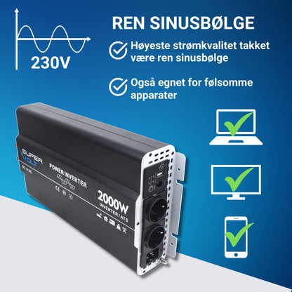 Supervolt 12V 2000W omformer med nettprioritetsfunksjon og jordfeilbryter